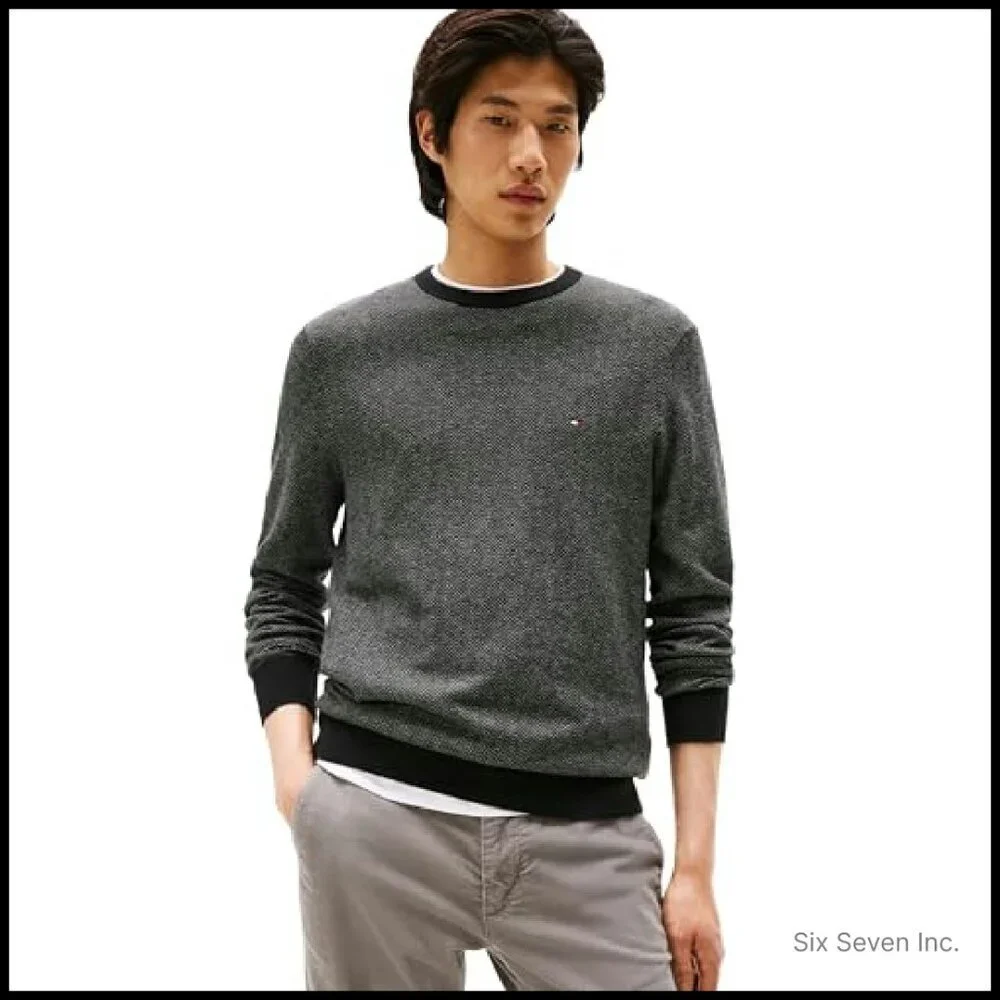 Herringbone Cotton Cashmere Crewneck Sweater Classic Preppy Pullover
